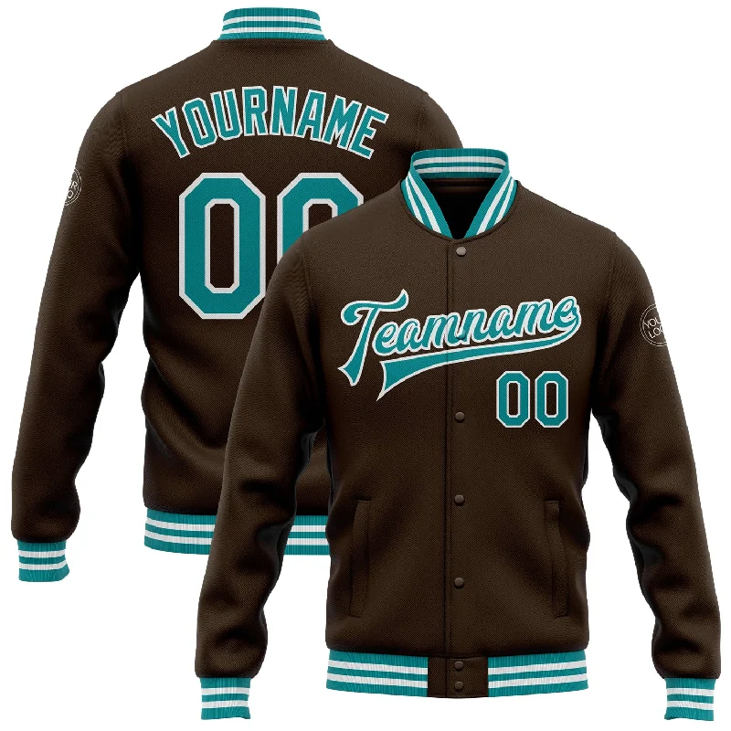 Bold And Trendy Gender-Neutral Outfits Must Haves Custom Brown Teal-White Bomber Full-Snap Varsity Letterman Jacket