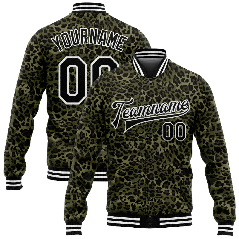 Classic And Timeless Gender-Neutral Fashion Style Breakthroughs Custom Camo Black-White Leopard Print 3D Pattern Design Bomber Full-Snap Varsity Letterman Salute To Service Jacket