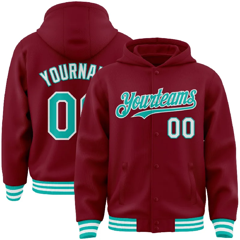 Versatile And Stylish Unisex Apparel Stylish Deals Custom Crimson Aqua-White Bomber Full-Snap Varsity Letterman Hoodie Jacket