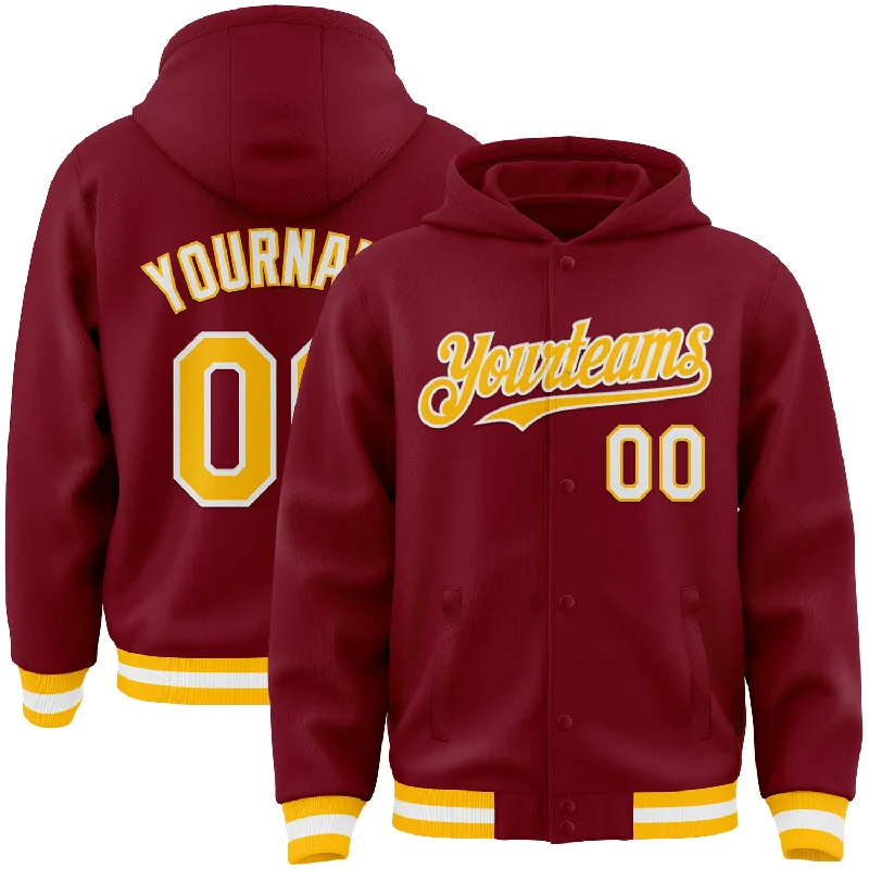 Modern Unisex Clothing For Any Occasion Summer Fashion Custom Crimson Gold-White Bomber Full-Snap Varsity Letterman Hoodie Jacket