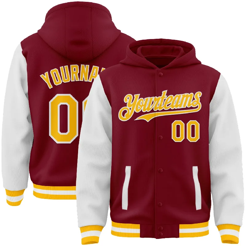 Modern Unisex Clothing For Any Occasion Get The Latest Trends Custom Crimson Gold-White Bomber Full-Snap Varsity Letterman Two Tone Hoodie Jacket