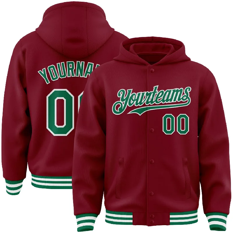 Everyday Wear For Men And Women Affordable Trendy Fashion Custom Crimson Kelly Green-White Bomber Full-Snap Varsity Letterman Hoodie Jacket