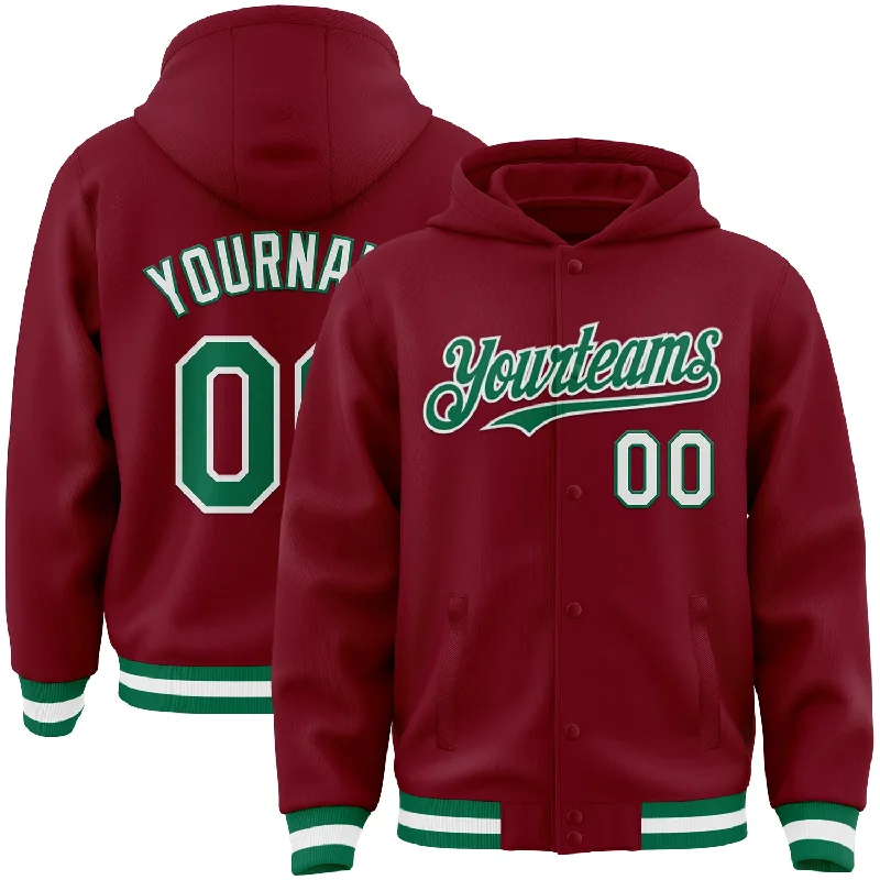 Minimalist Unisex Fashion Must-Haves Fashion Essentials Custom Crimson Kelly Green-White Bomber Full-Snap Varsity Letterman Hoodie Jacket