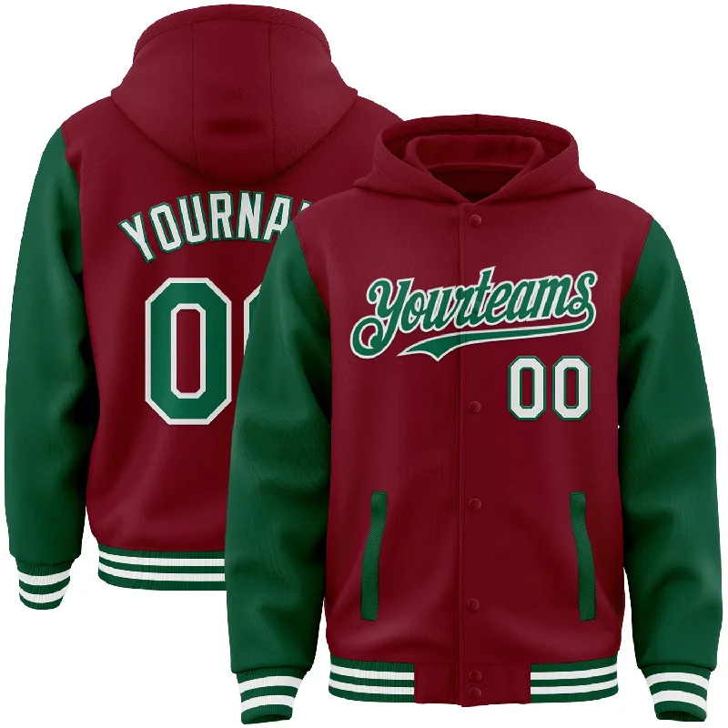 Relaxed-Fit Unisex Fashion For All-Day Comfort Flash Sale Starts Custom Crimson Kelly Green-White Bomber Full-Snap Varsity Letterman Two Tone Hoodie Jacket