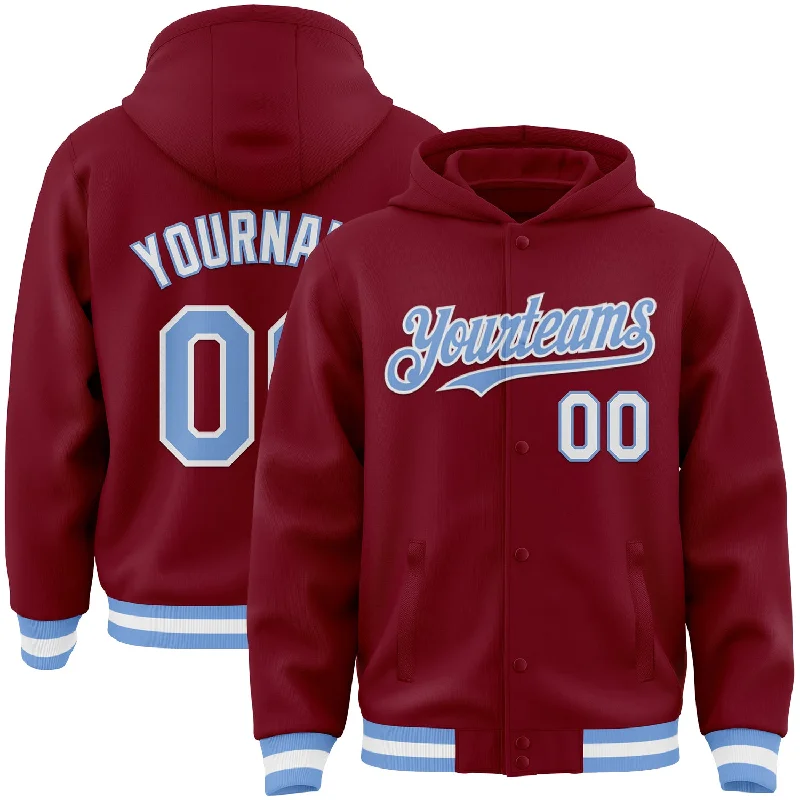 Fashion-Forward Unisex Apparel Latest Trends Custom Crimson Light Blue-White Bomber Full-Snap Varsity Letterman Hoodie Jacket