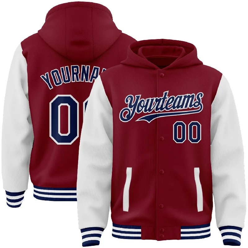 Minimalist Unisex Fashion Must-Haves Chic Trend Collection Custom Crimson Navy-White Bomber Full-Snap Varsity Letterman Two Tone Hoodie Jacket