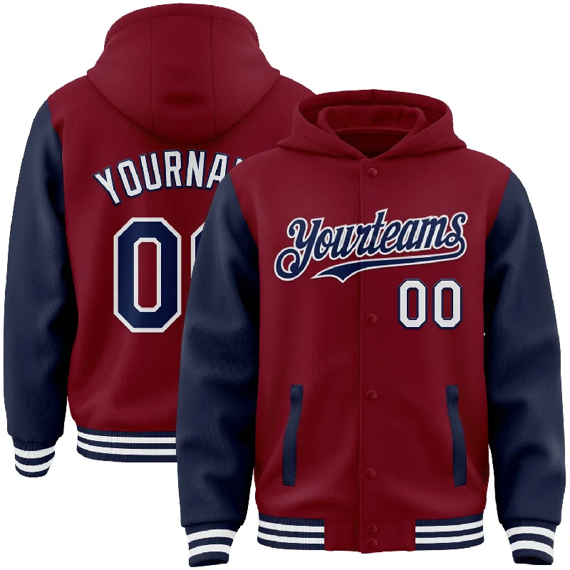 Oversized Unisex Apparel For Effortless Style Gift Ideas Custom Crimson Navy-White Bomber Full-Snap Varsity Letterman Two Tone Hoodie Jacket