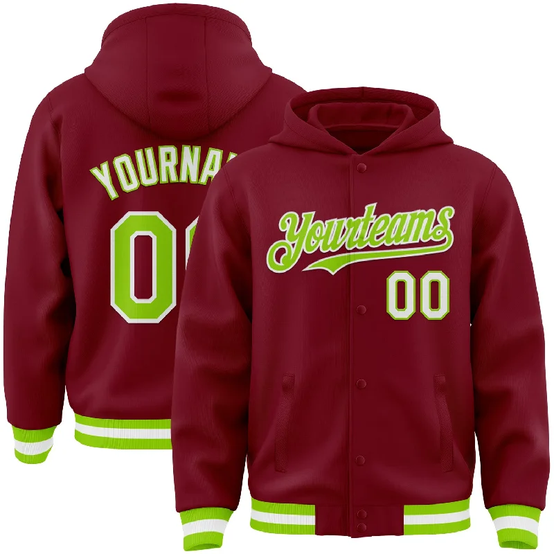 High-Quality Unisex Basics For All Occasions Exclusive Discount Custom Crimson Neon Green-White Bomber Full-Snap Varsity Letterman Hoodie Jacket