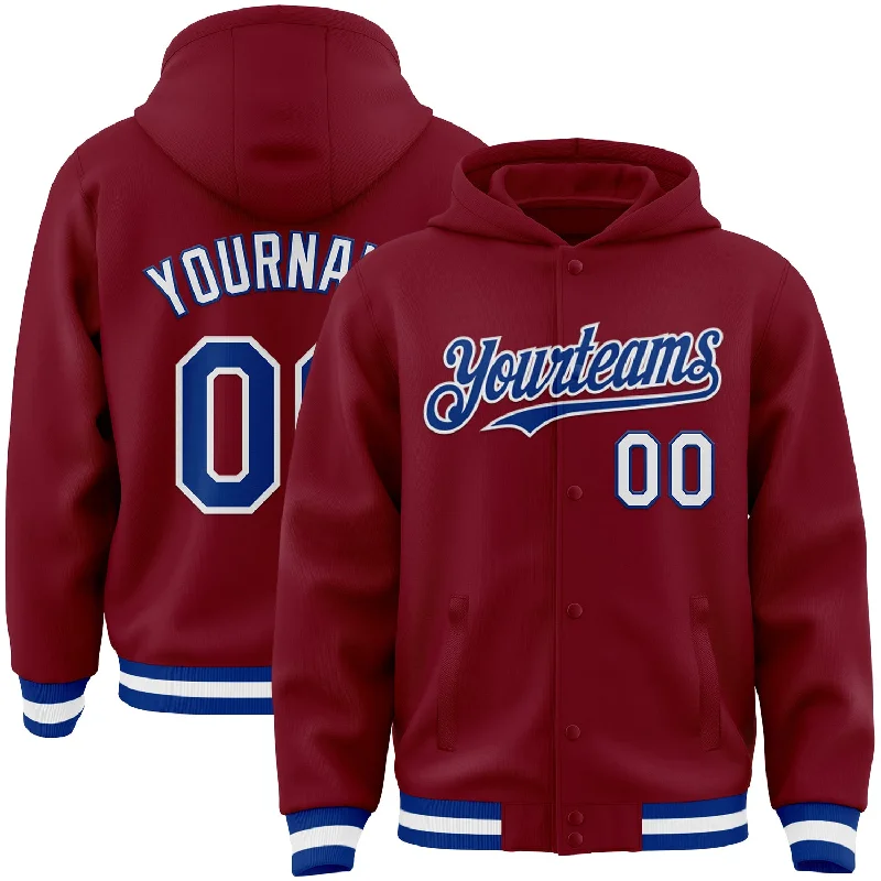 Contemporary Gender-Free Clothing Styles Fashionista Favorites Custom Crimson Royal-White Bomber Full-Snap Varsity Letterman Hoodie Jacket