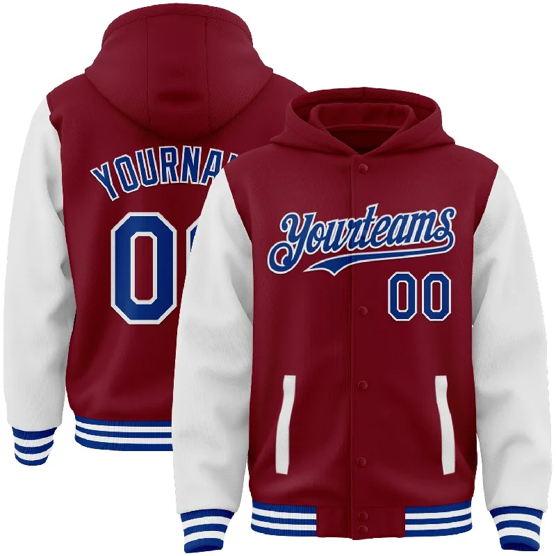 Chic And Contemporary Unisex Clothing Choices Chic Trends Unveiled Custom Crimson Royal-White Bomber Full-Snap Varsity Letterman Two Tone Hoodie Jacket