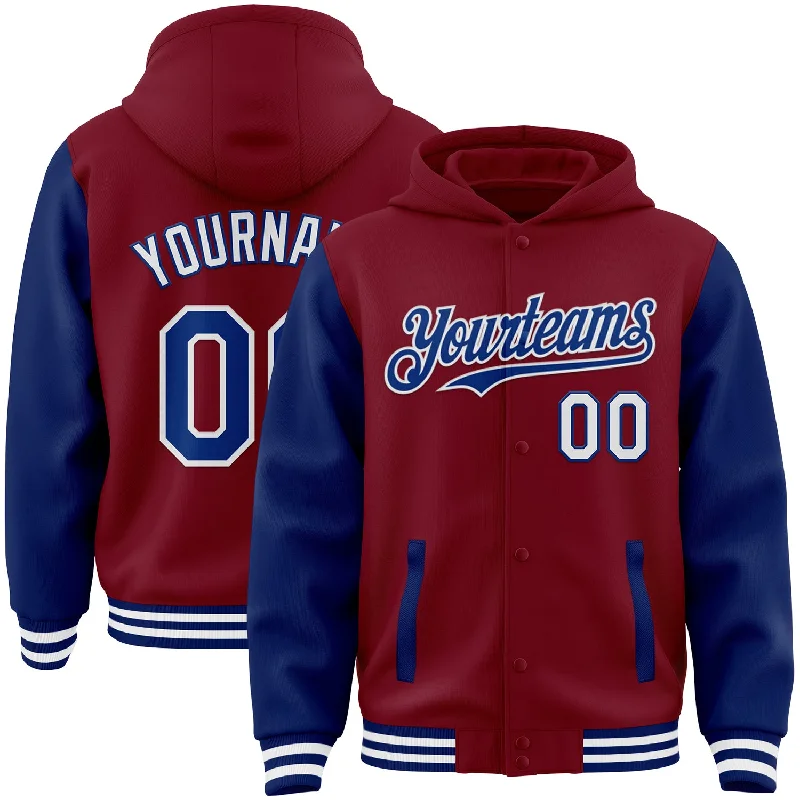 Fashion-Forward Unisex Apparel Unleash Your Fashion Custom Crimson Royal-White Bomber Full-Snap Varsity Letterman Two Tone Hoodie Jacket