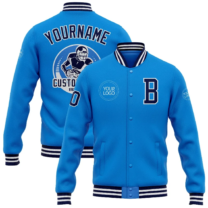 High-Quality Unisex Fashion Basics Cozy Comfort Style Sale Custom Powder Blue Navy-White Bomber Full-Snap Varsity Letterman Jacket