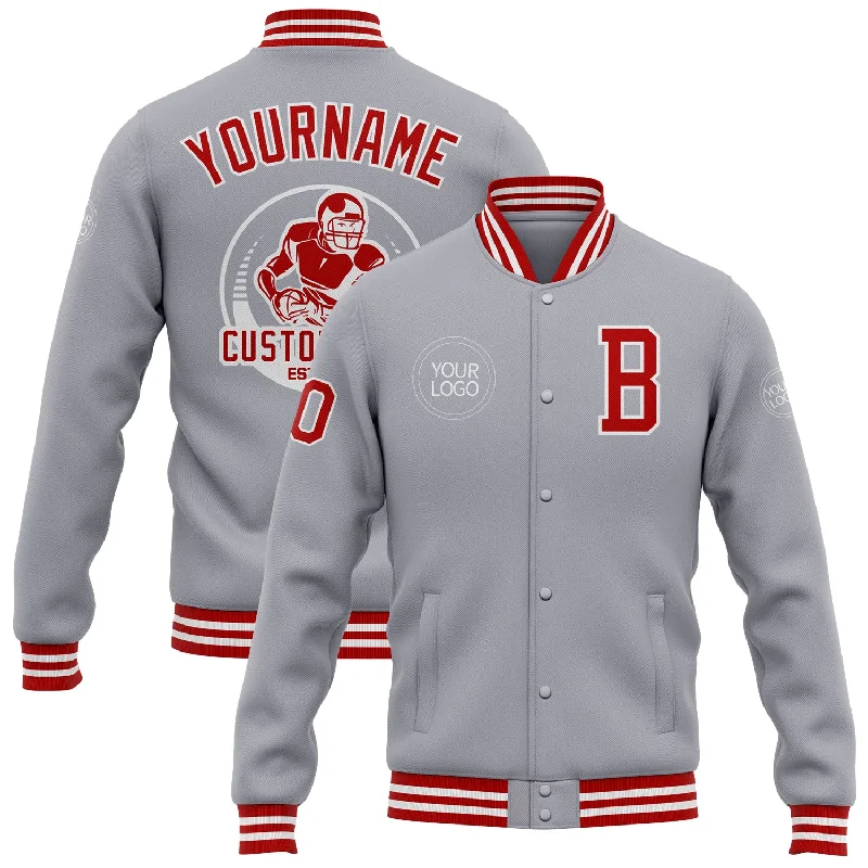 Elegant And Minimal Gender-Free Clothing Ends Soon Custom Gray Red-White Bomber Full-Snap Varsity Letterman Jacket