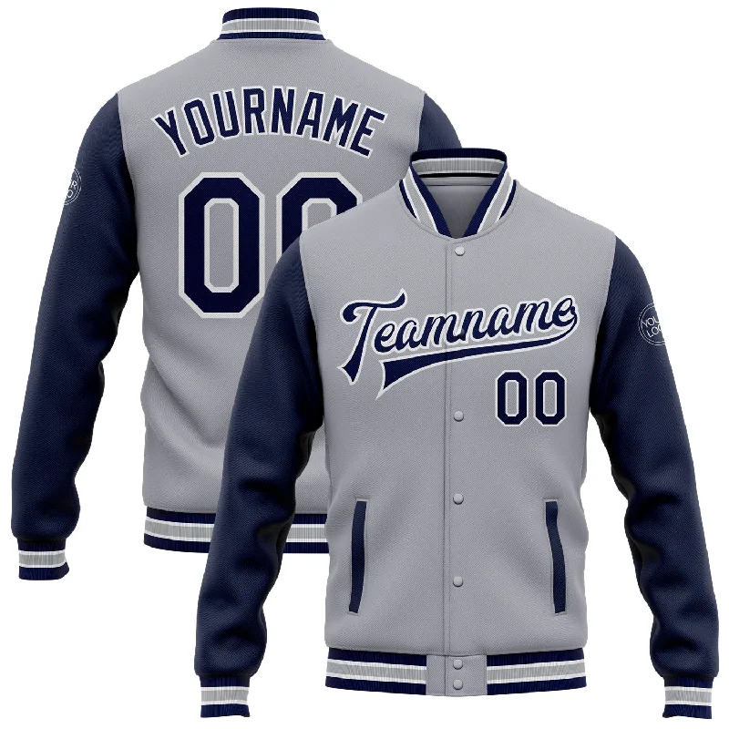 Urban-Inspired Unisex Fashion Pieces Stay Ahead In Style Custom Gray Navy-White Bomber Full-Snap Varsity Letterman Two Tone Jacket