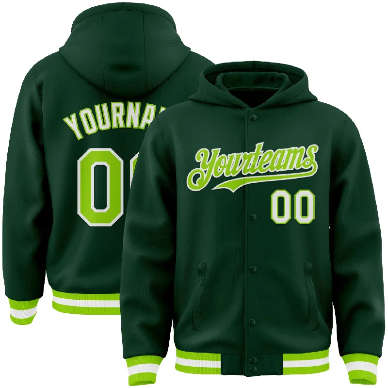 Chic And Contemporary Unisex Clothing Choices Chic And Trendy Custom Green Neon Green-White Bomber Full-Snap Varsity Letterman Hoodie Jacket