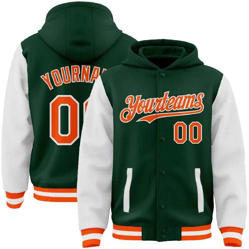 Modern Unisex Wardrobe Staples Explore What'S New Custom Green Orange-White Bomber Full-Snap Varsity Letterman Two Tone Hoodie Jacket