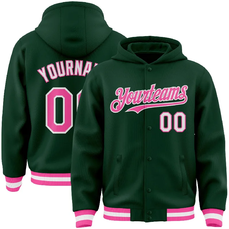 Minimalist Unisex Fashion Must-Haves Seasonal Clearance Custom Green Pink-White Bomber Full-Snap Varsity Letterman Hoodie Jacket