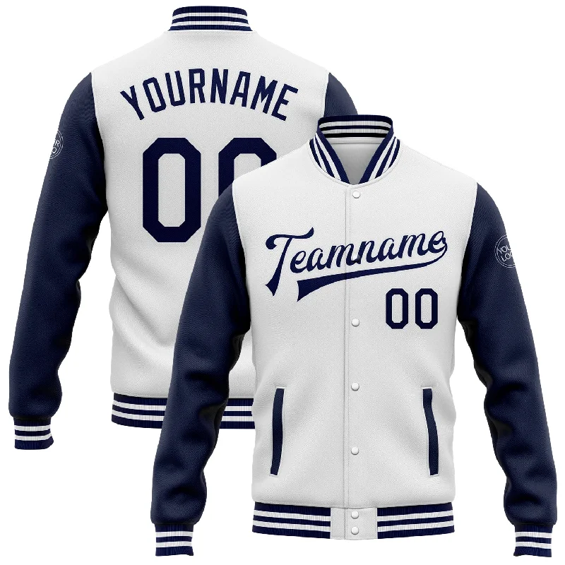 Gender-Neutral Trendy Clothing Styles Hurry Before It'S Gone Custom White Navy Bomber Full-Snap Varsity Letterman Two Tone Jacket