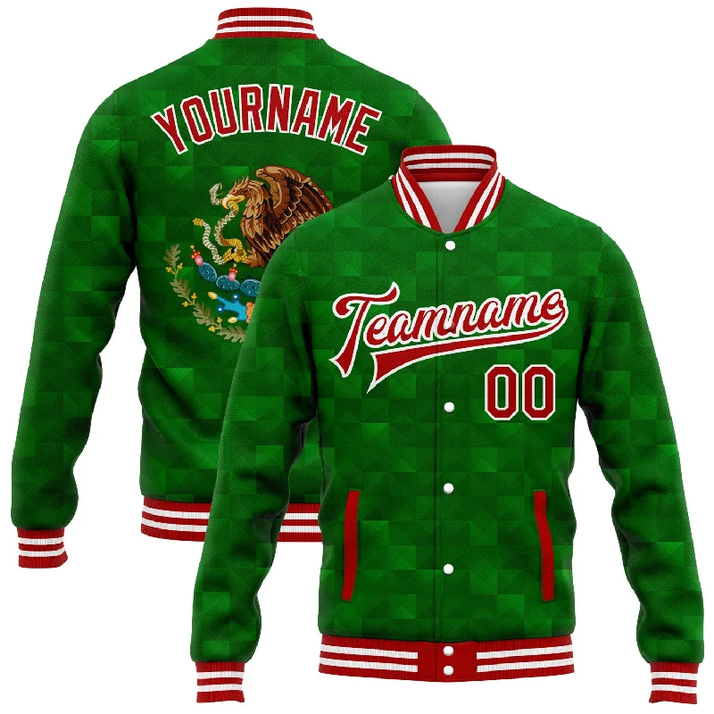 Urban-Inspired Unisex Fashion Trends Classic Elegance Sales Custom Kelly Green Red-White Mexico 3D Bomber Full-Snap Varsity Letterman Jacket