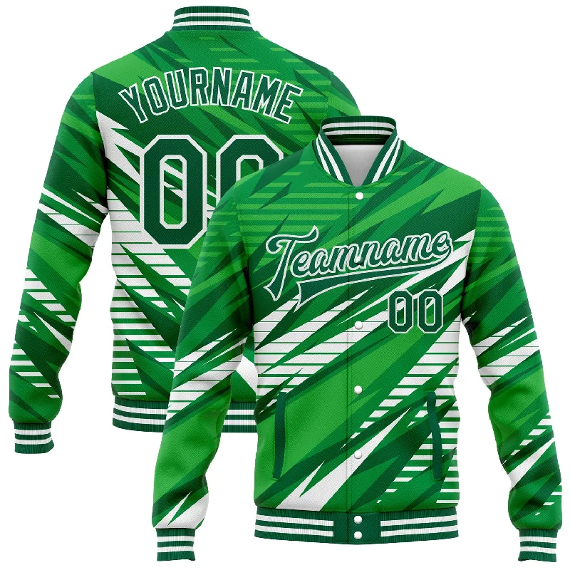 Chic And Casual Unisex Fashion Trends Fashionista Sale Custom Kelly Green White 3D Pattern Design Bomber Full-Snap Varsity Letterman Jacket