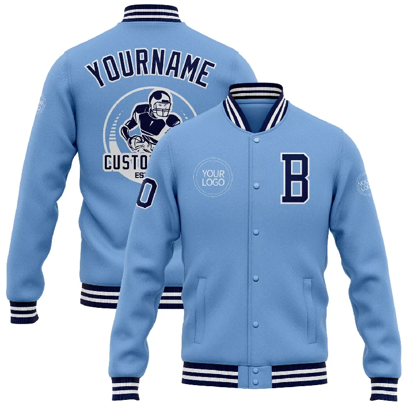 Fashion-Forward Gender-Neutral Outfit Ideas Fashionable Comfort Promotions Custom Light Blue Navy-White Bomber Full-Snap Varsity Letterman Jacket