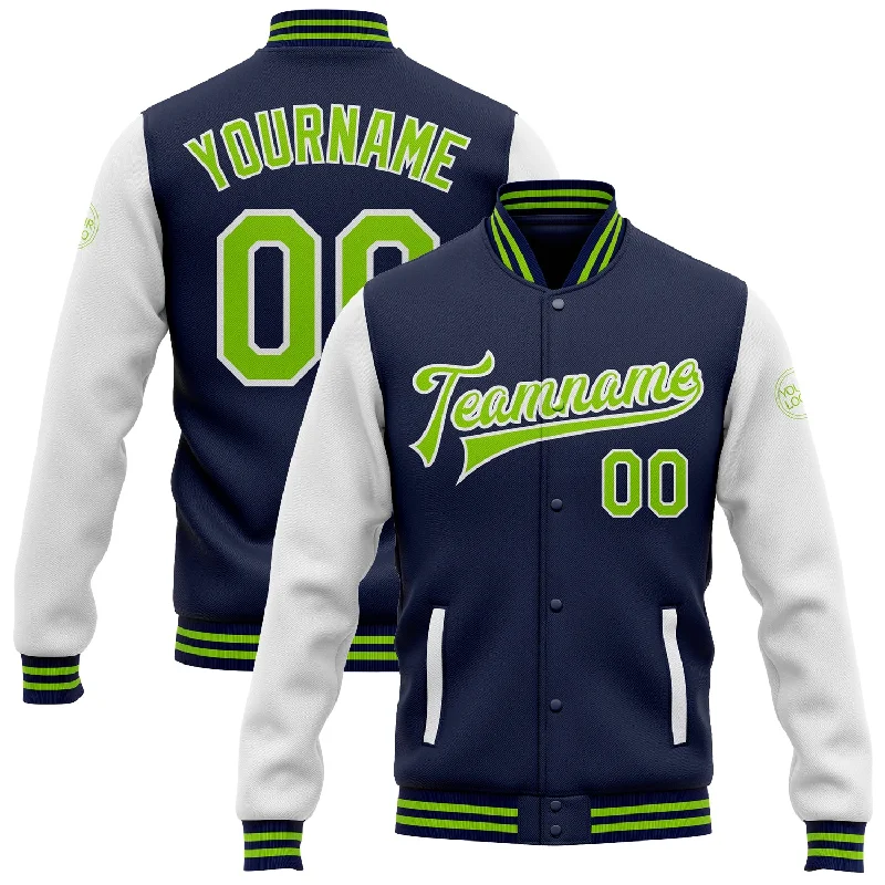 Everyday Wear For Men And Women Winter Warehouse Sale Custom Navy Neon Green-White Bomber Full-Snap Varsity Letterman Two Tone Jacket