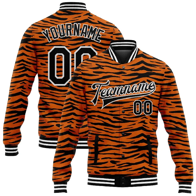 Comfortable Gender-Free Fashion Choices Comfort Meets Fashion Custom Orange Black-White Tiger Stripes 3D Pattern Design Bomber Full-Snap Varsity Letterman Jacket