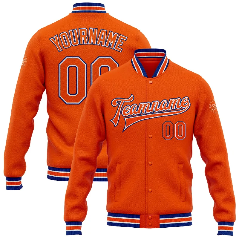 Comfortable Unisex Streetwear Low Price Special Custom Orange White-Royal Bomber Full-Snap Varsity Letterman Jacket