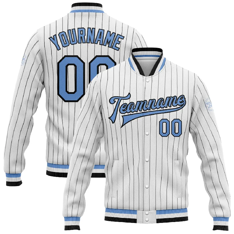 Modern Unisex Clothing For Any Occasion Statement Fashion Offers Custom White Black Pinstripe Light Blue Bomber Full-Snap Varsity Letterman Jacket