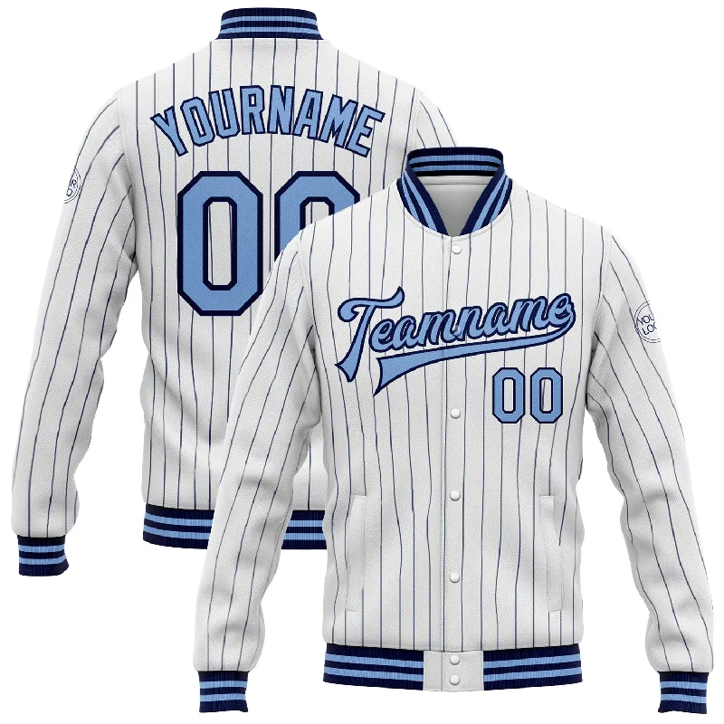 Modern Unisex Wardrobe Staples Sporty Fashion Offers Custom White Navy Pinstripe Light Blue Bomber Full-Snap Varsity Letterman Jacket