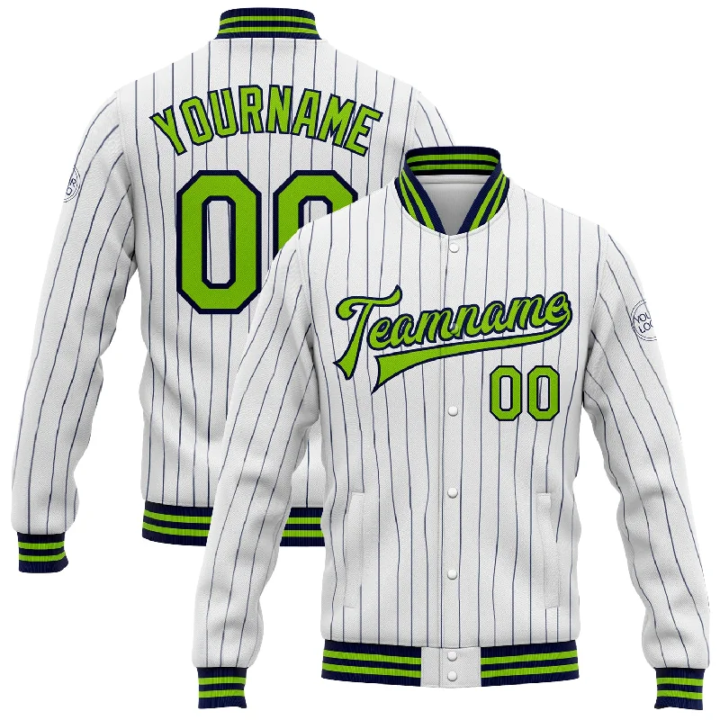 Unisex Casual Fashion Trends Street Style Discounts Custom White Navy Pinstripe Neon Green Bomber Full-Snap Varsity Letterman Jacket