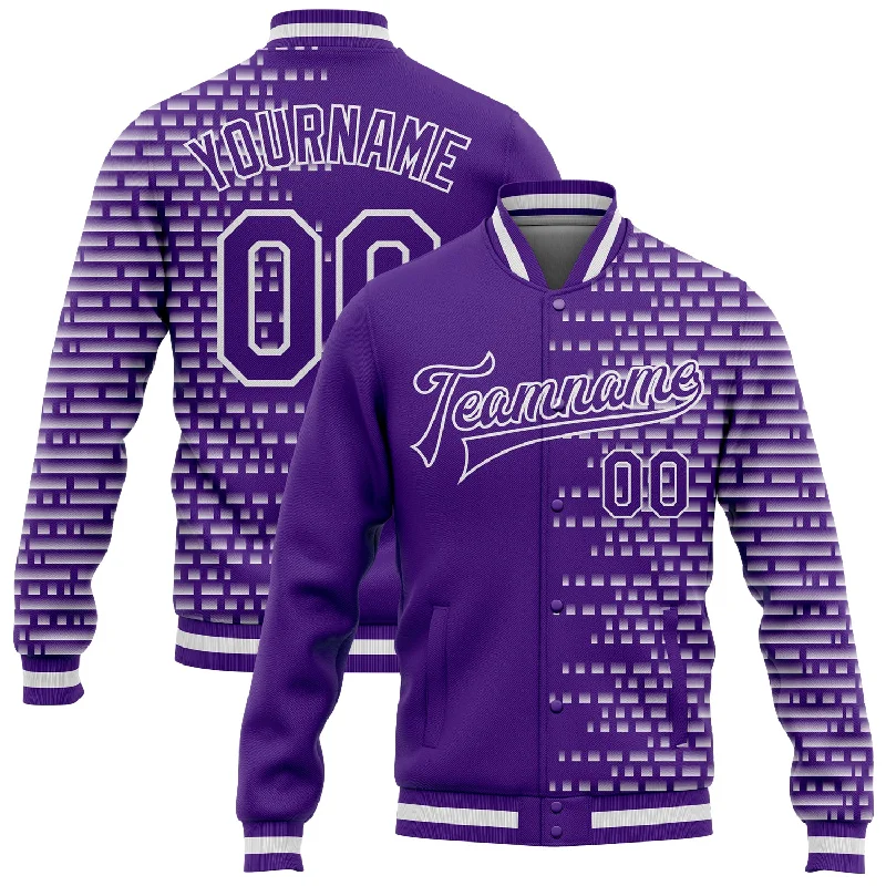 Trendy Unisex Streetwear Fashion Seasonal Picks Custom Purple White Halftone 3D Pattern Design Bomber Full-Snap Varsity Letterman Jacket