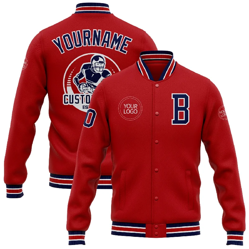 Comfortable And Stylish Unisex Outfits Polished Style Deals Custom Red Navy-White Bomber Full-Snap Varsity Letterman Jacket