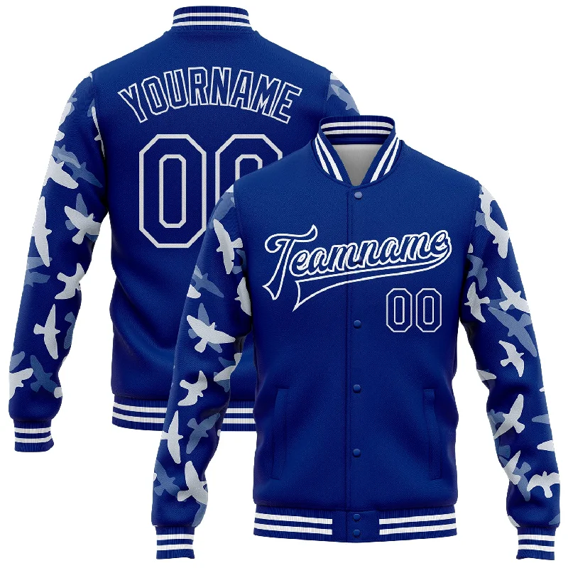 Fashion-Forward Unisex Apparel Clearance Sale, All Cheap Custom Royal White Flying Bird Sleeves 3D Pattern Design Bomber Full-Snap Varsity Letterman Jacket