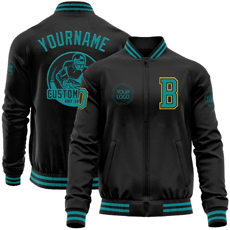 Soft And Breathable Unisex Loungewear Stylish Deals Custom Black Teal-Yellow Bomber Varsity Letterman Zipper Jacket